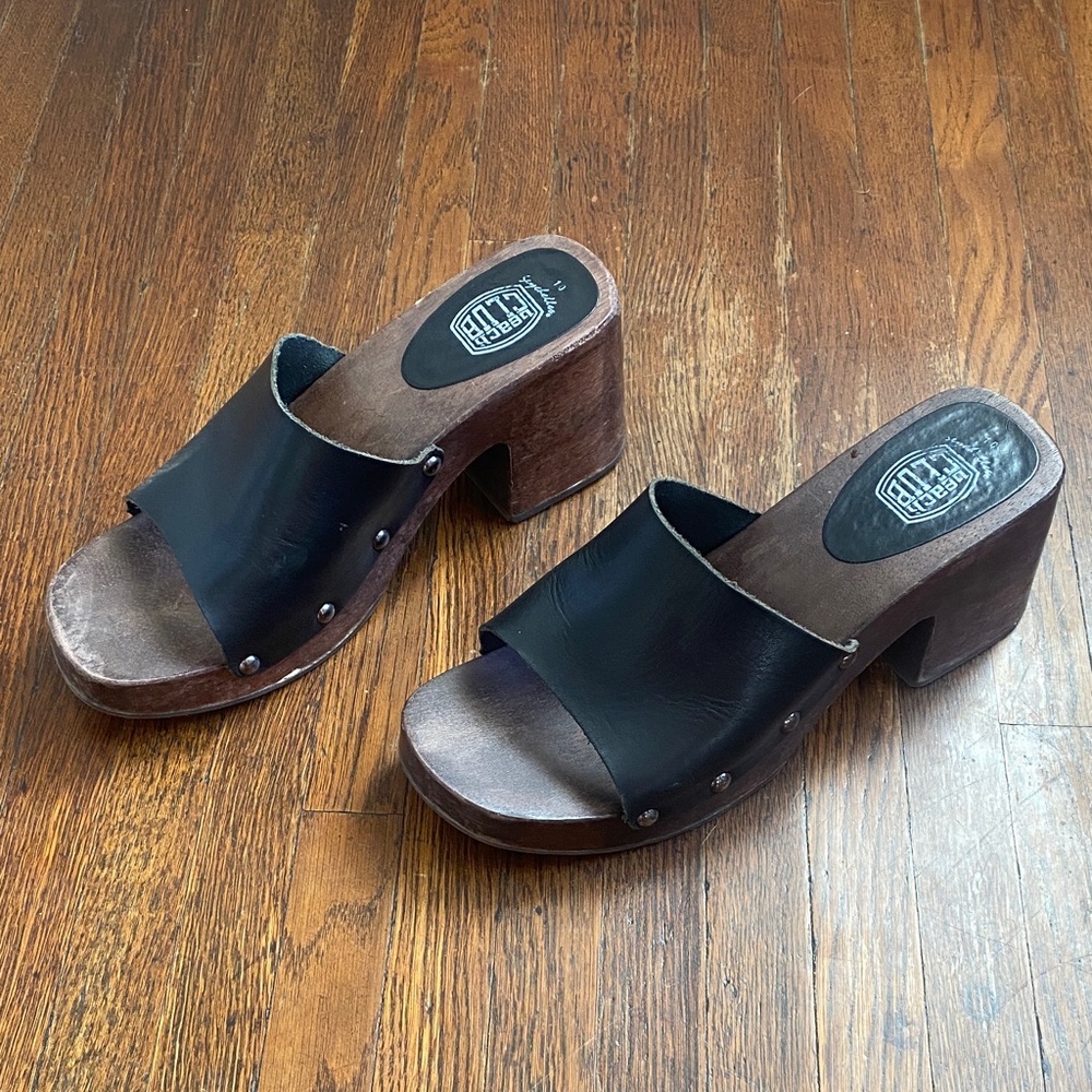 Black Leather Clogs with Wooden Base